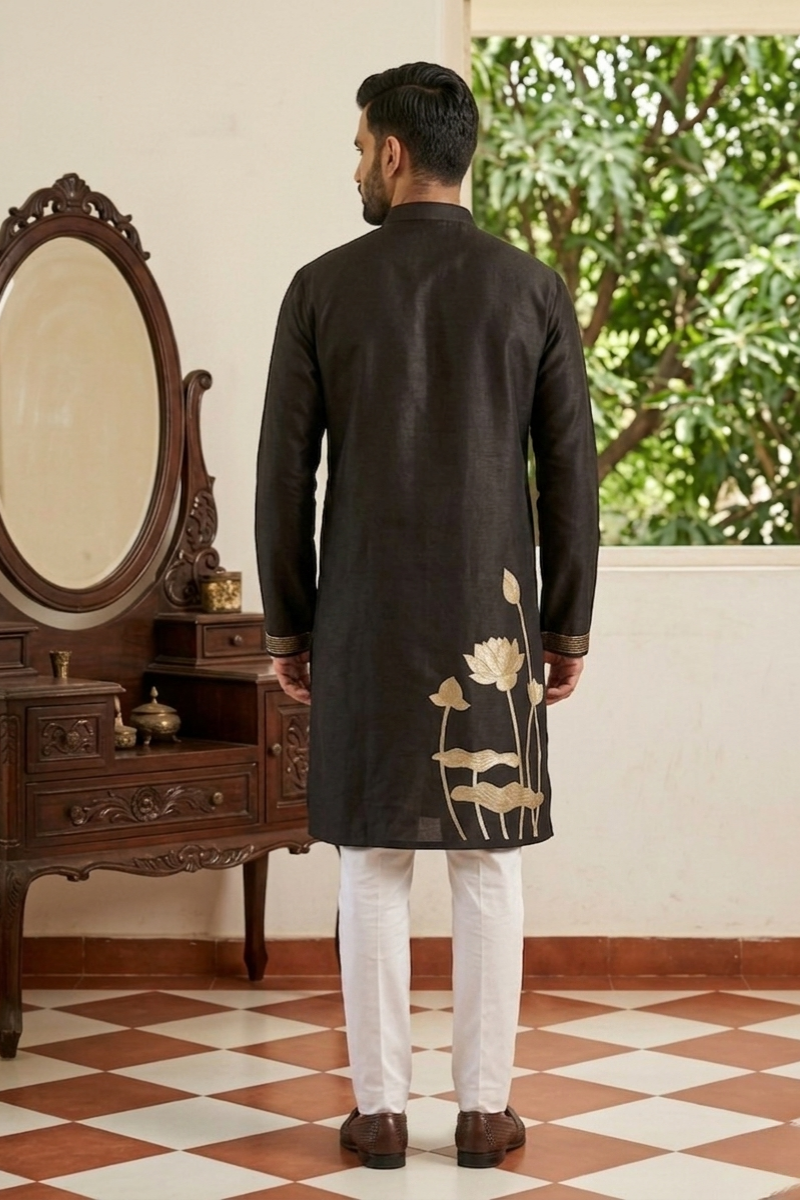 Black colour kurta top with sleeves with lotus and hummingbird