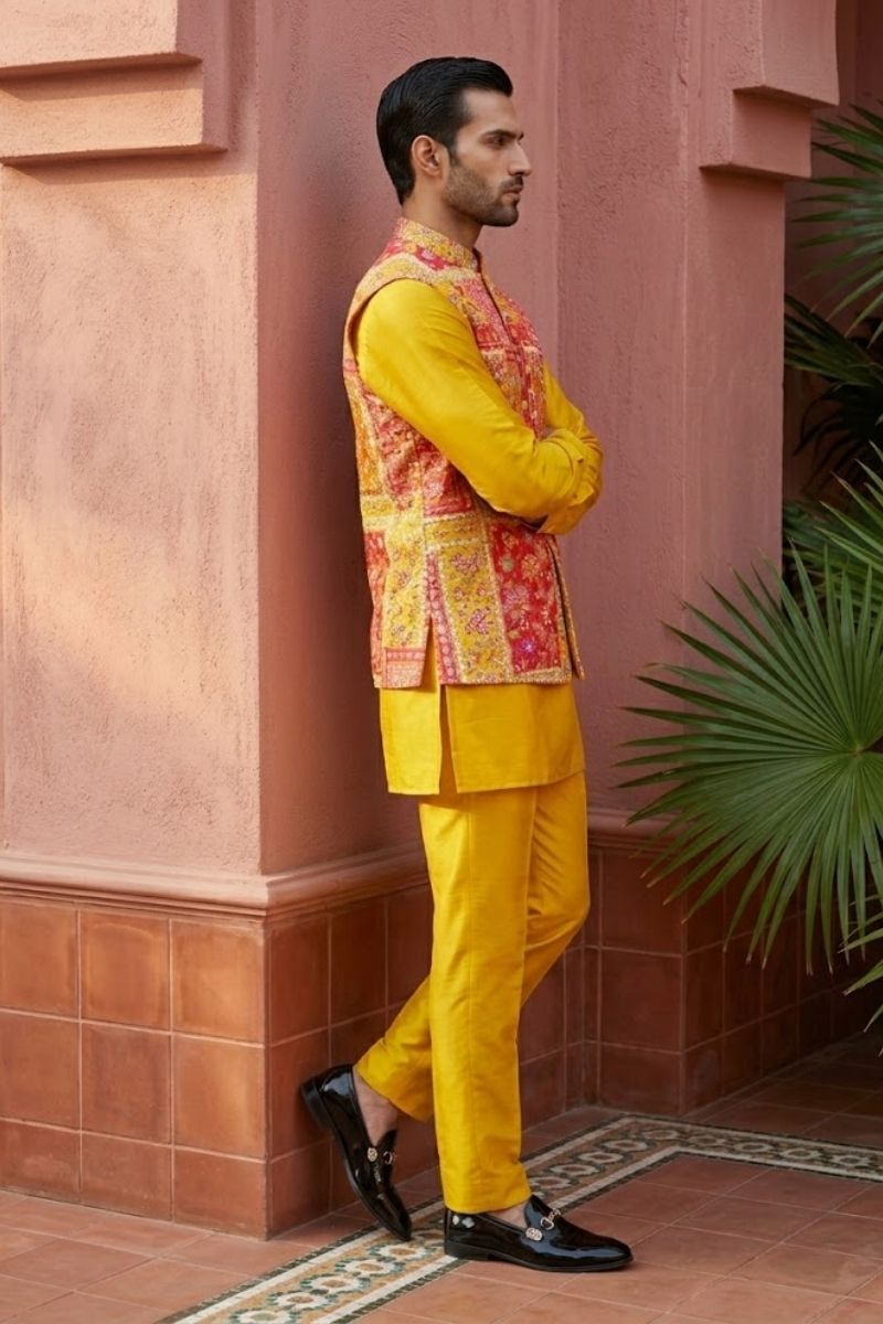 Plain yellow kurta set with mirror work and embroidered jacket