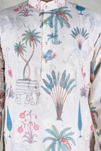 Printed cotton kurta with a band collar and a jungle-themed print