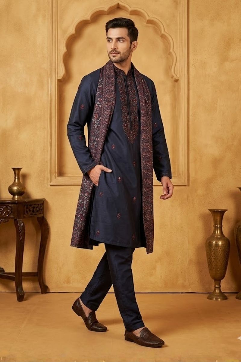 Navy blue kurta set  with embroidered dupatta