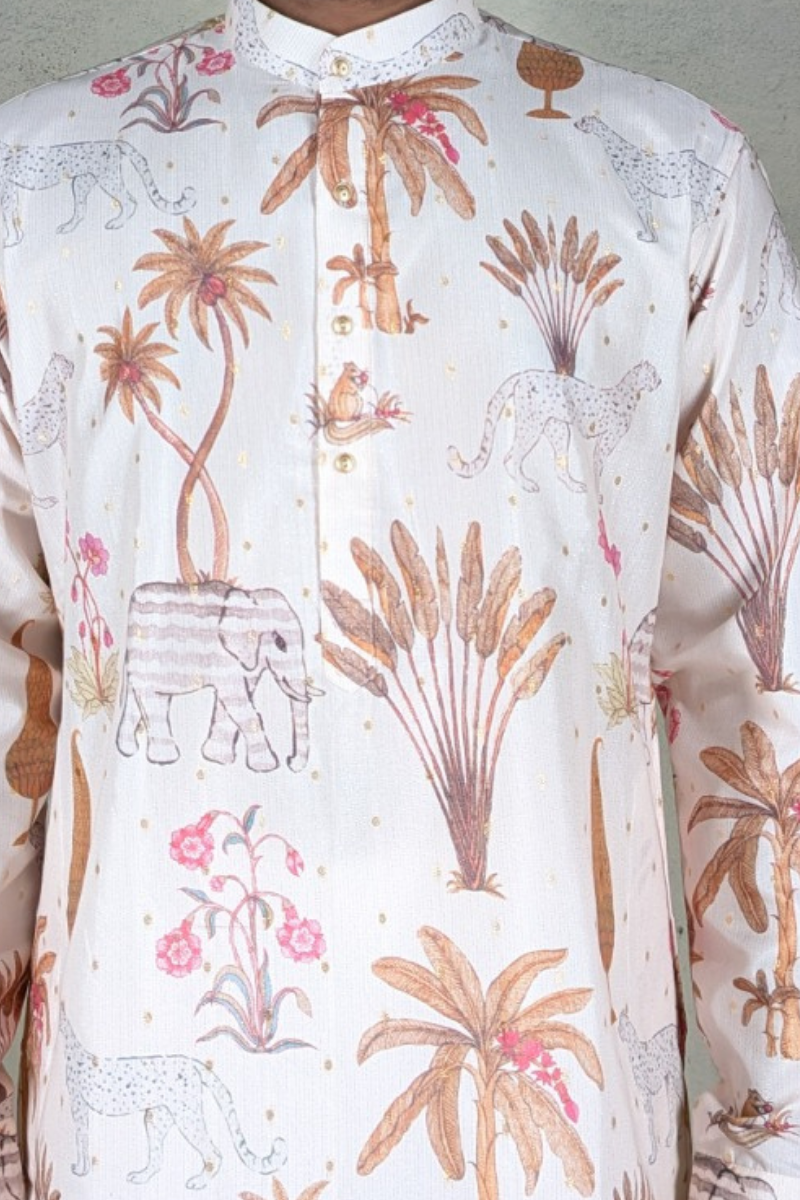 Peach colour printed cotton kurta with a band collar and a jungle-themed print