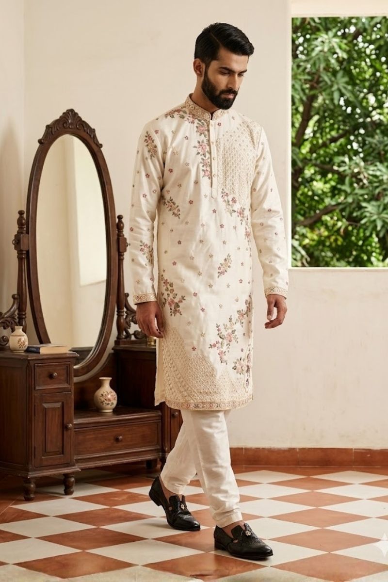 Cream colour kurta set with embroidery