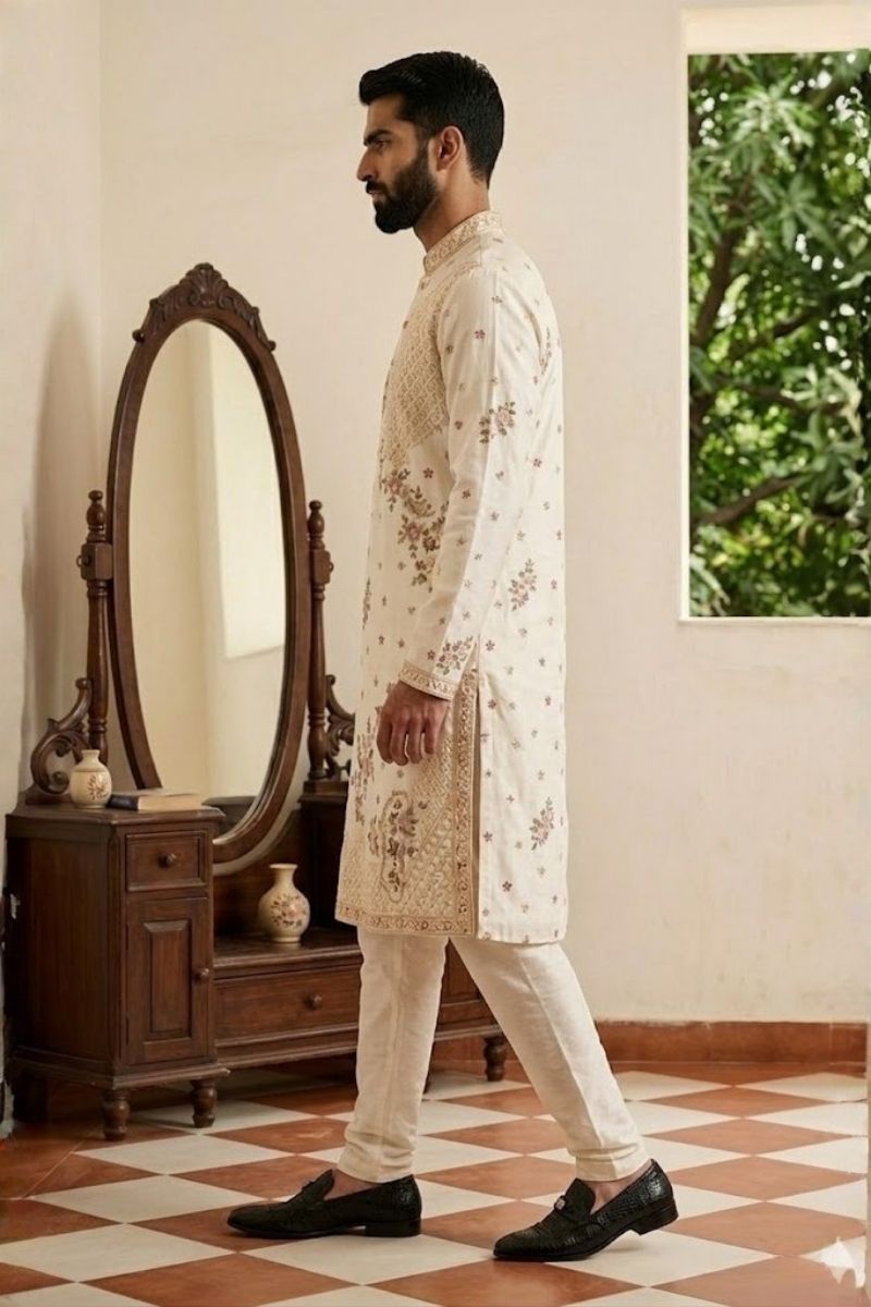 Cream colour kurta set with embroidery
