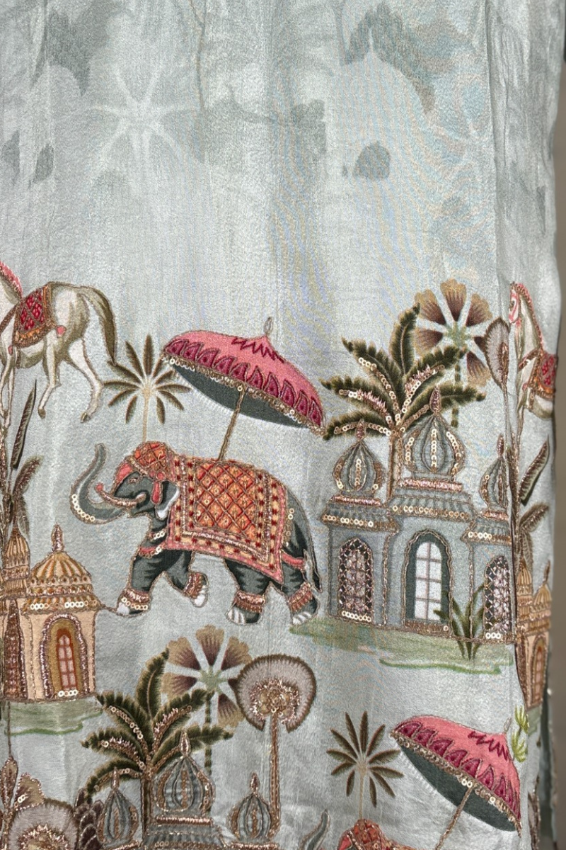 Olive colour printed kurta set with embroidered work