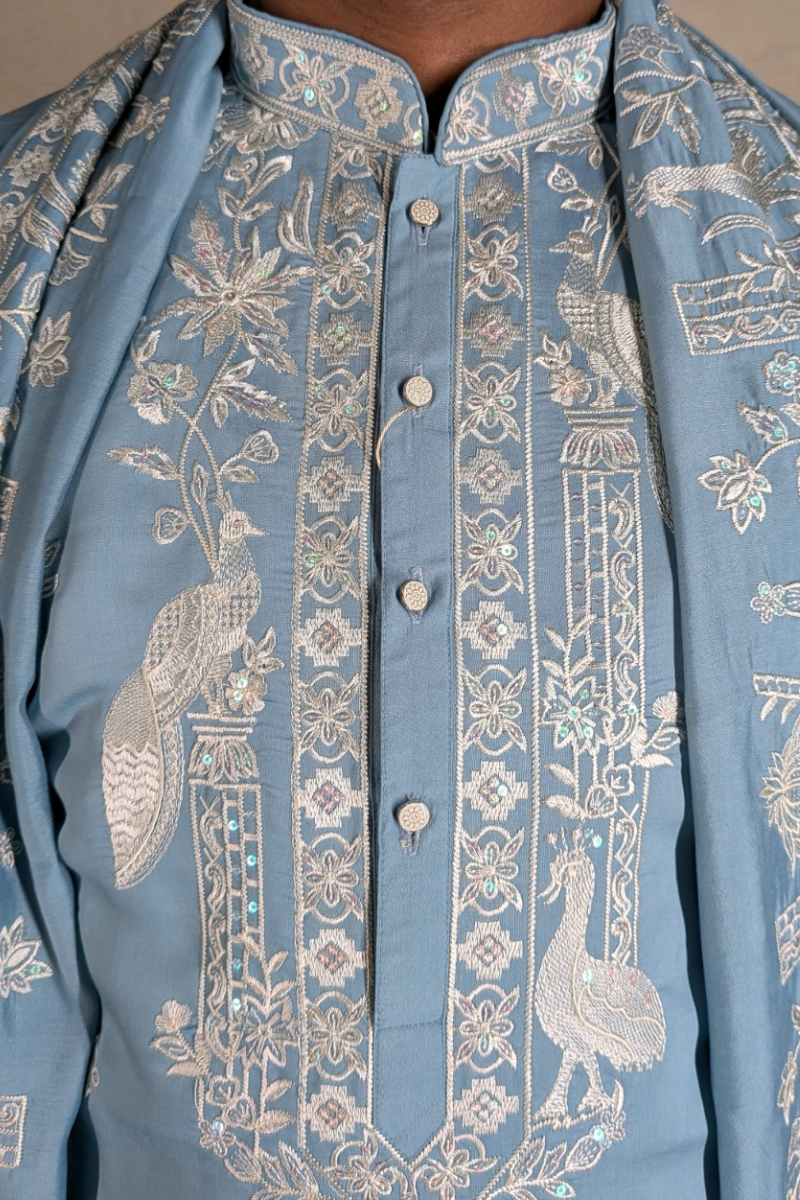 Sky blue kurta with thread work and dupatta