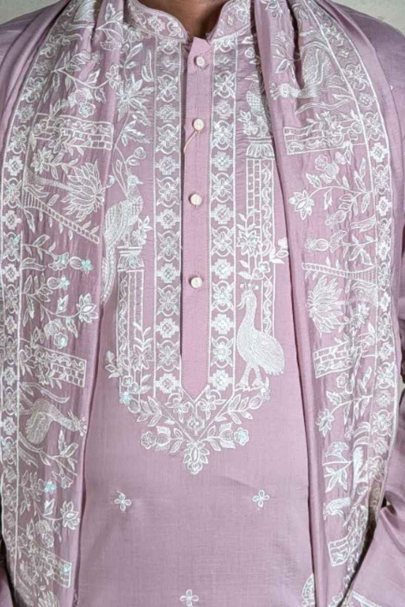 Lilac colour kurta with thread work and dupatta