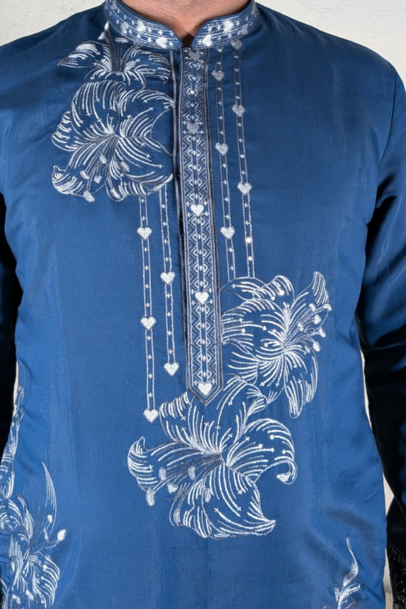 Blue colour kurta with white floral thread work