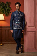 Dark blue kurta set with thread embroidered jacket
