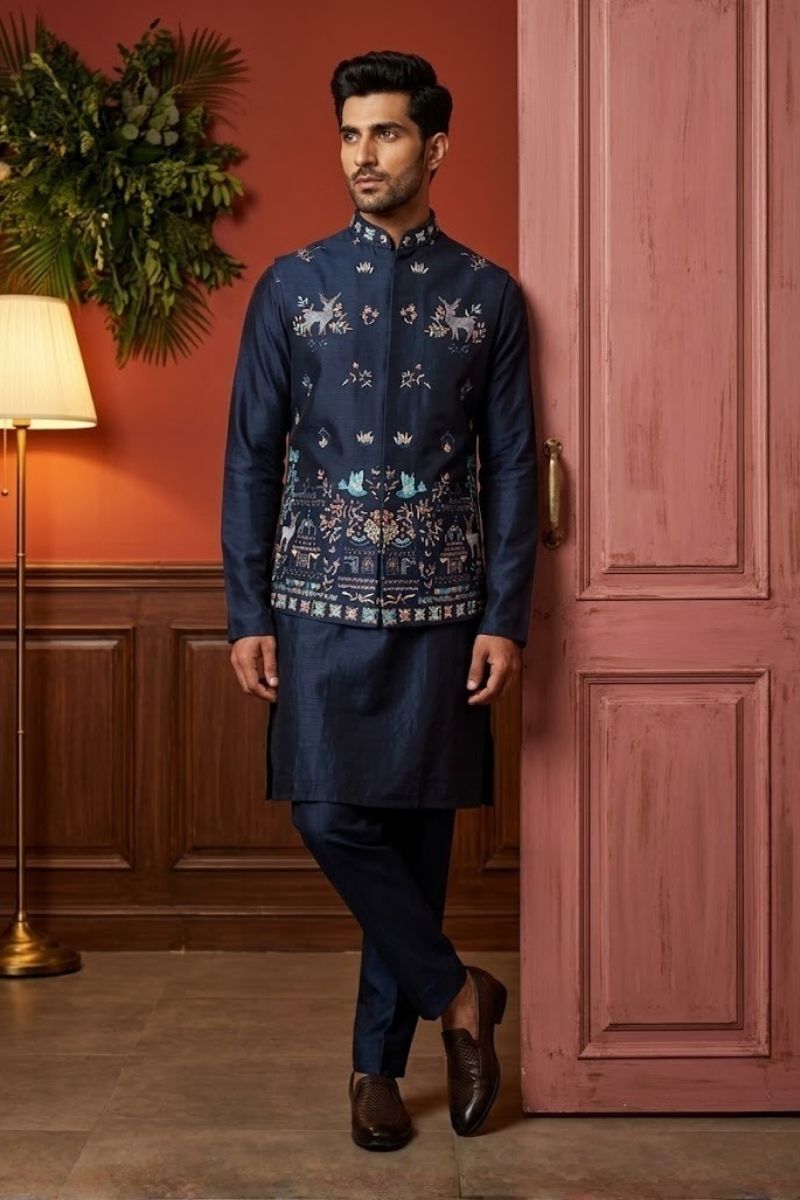 Dark blue kurta set with thread embroidered jacket