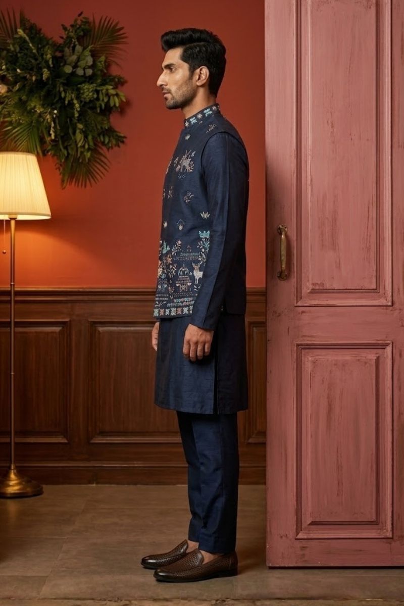 Dark blue kurta set with thread embroidered jacket