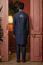 Dark blue kurta set with thread embroidered jacket