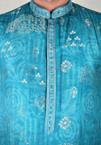 Rama colour kurta top with neck and collar mirror work