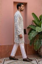 Grey colour kurta set with thread work and minimal zari embroidery