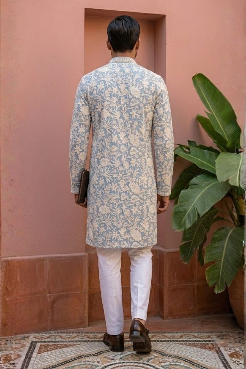 Grey colour kurta set with thread work and minimal zari embroidery