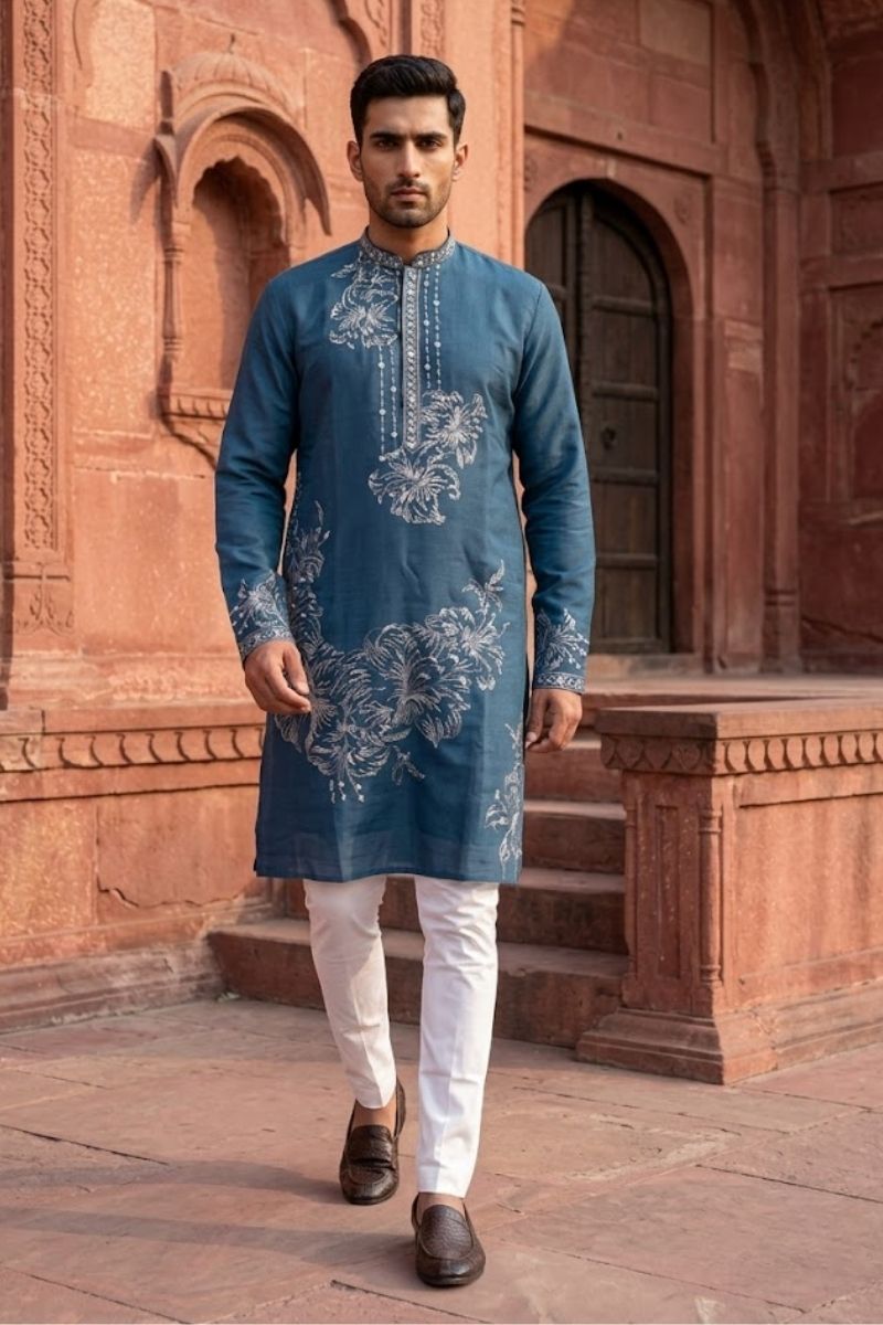 Blue colour kurta set with white floral thread work