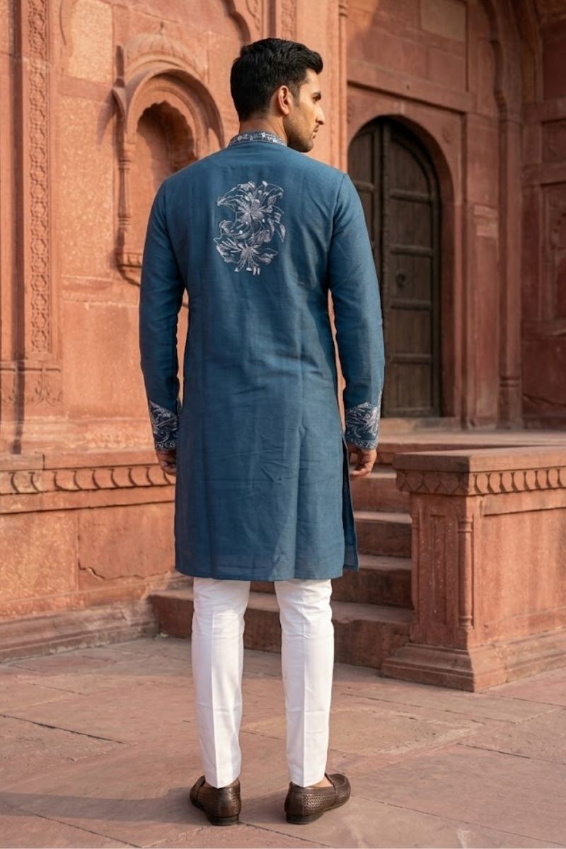 Blue colour kurta set with white floral thread work