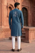 Blue colour kurta set with white floral thread work