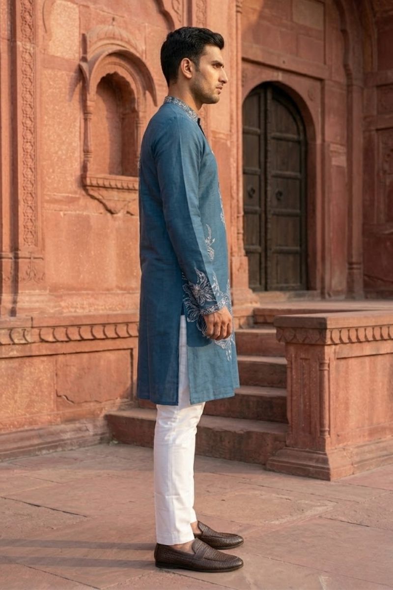 Blue colour kurta set with white floral thread work