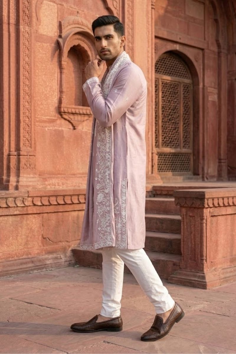 Lilac colour kurta set with thread work and dupatta