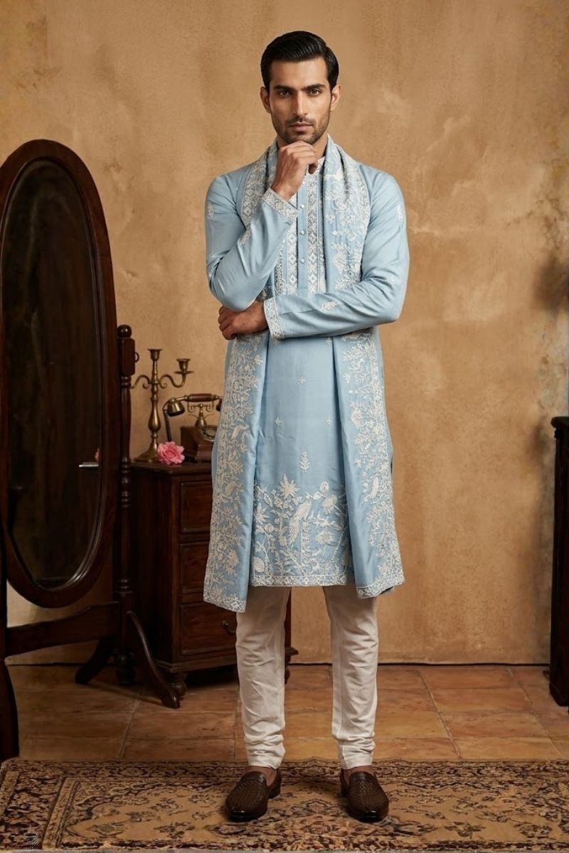 Sky blue kurta set  with thread work and dupatta