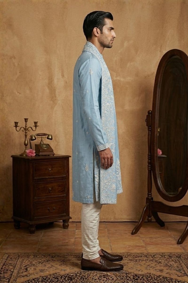 Sky blue kurta set  with thread work and dupatta