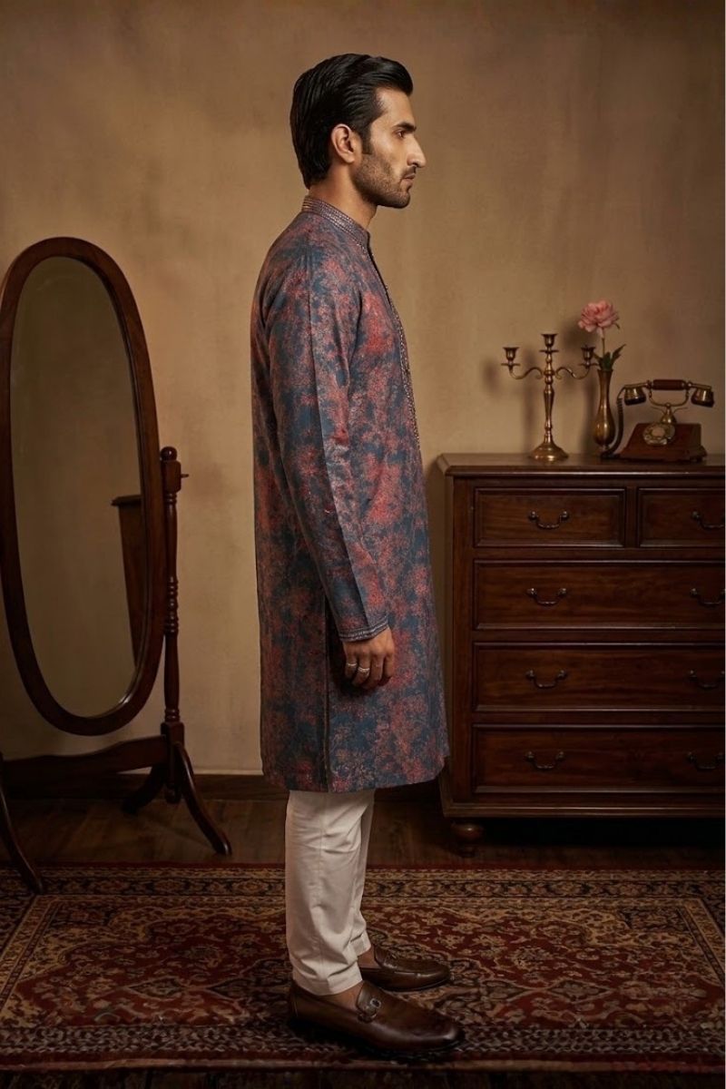 Navy blue kurta set with allover print