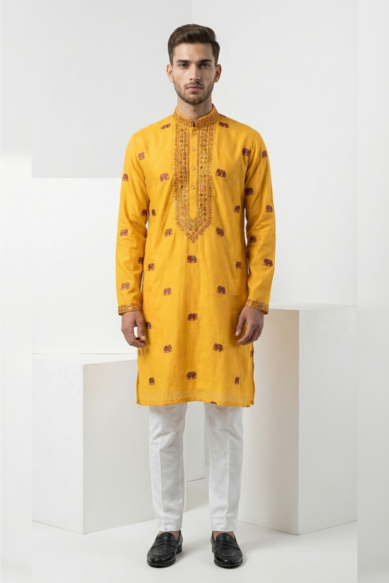 Yellow kurta top with thread work and elephant design