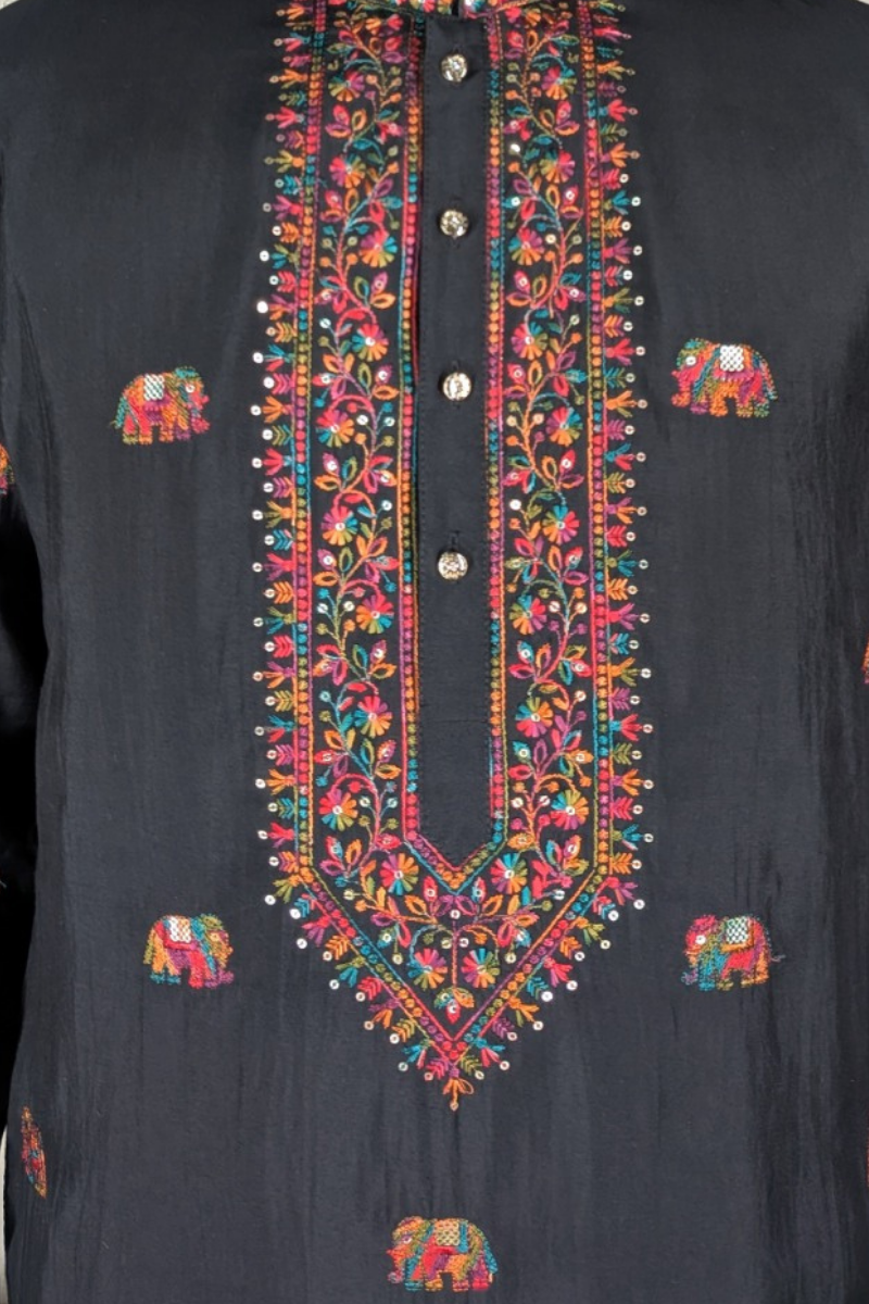 Black kurta top with thread work and elephant design