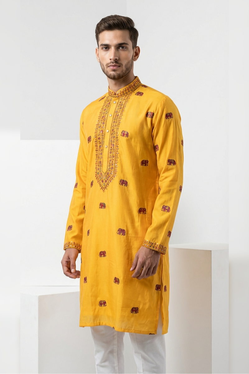 Yellow kurta top with thread work and elephant design