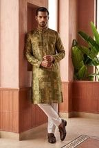 Mehndi colour print  kurta set with collar and minimal work around neck