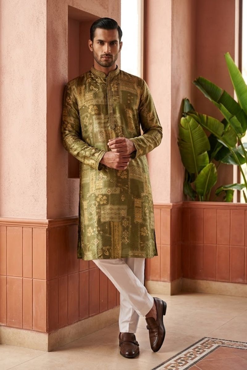 Mehndi colour print  kurta set with collar and minimal work around neck