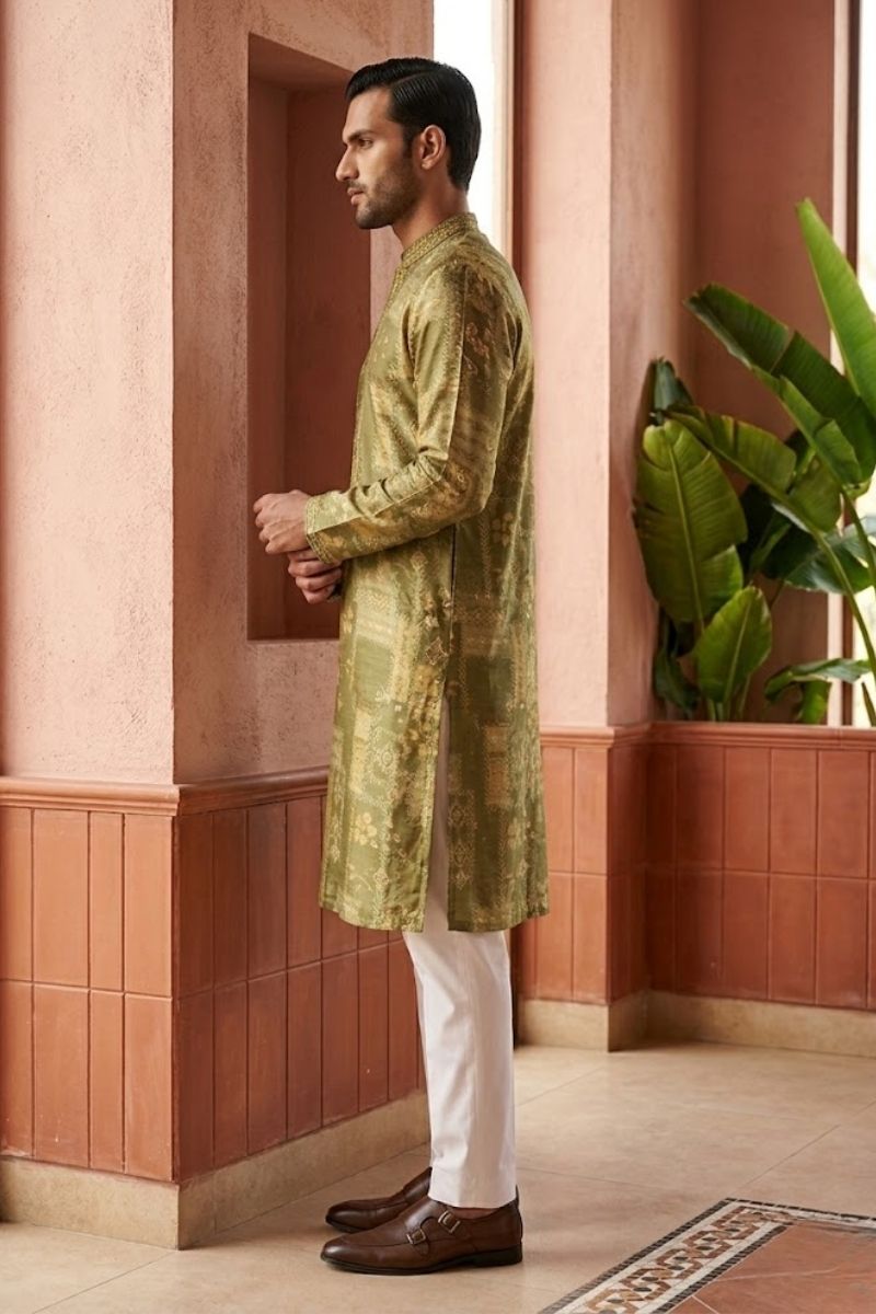 Mehndi colour print  kurta set with collar and minimal work around neck