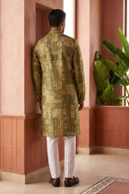 Mehndi colour print  kurta set with collar and minimal work around neck