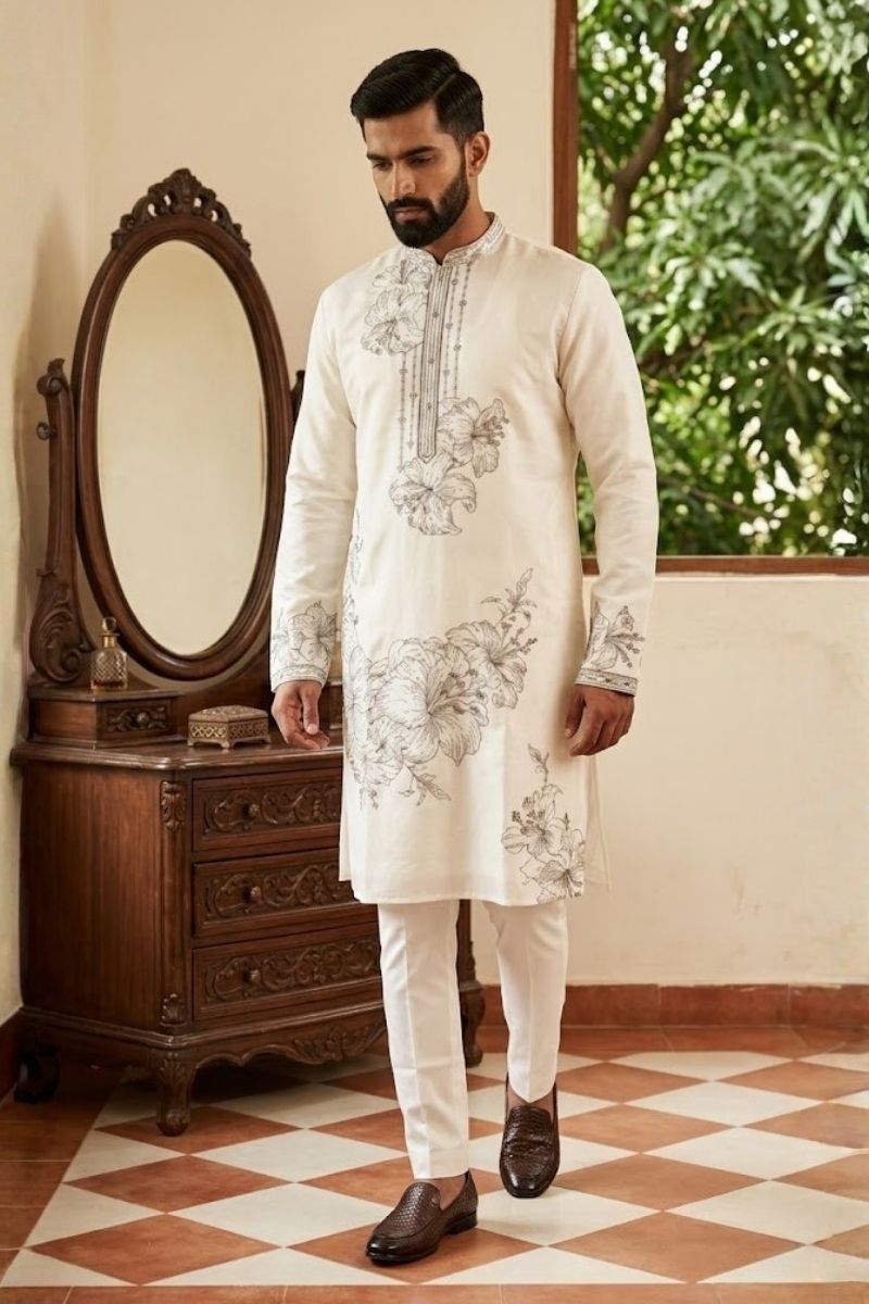 White colour kurta set  with black thread work