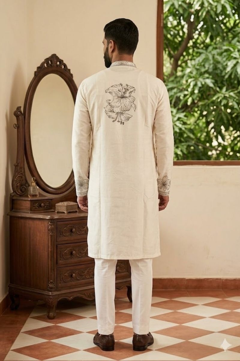 White colour kurta set  with black thread work