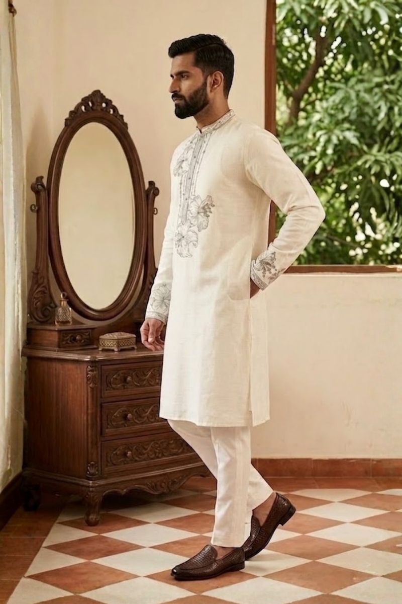 White colour kurta set  with black thread work