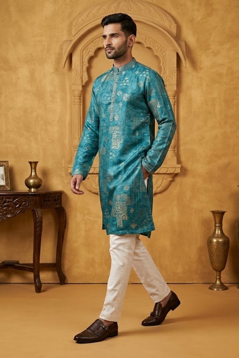Rama colour kurta set with neck and collar mirror work