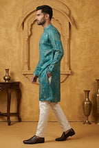 Rama colour kurta set with neck and collar mirror work