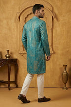 Rama colour kurta set with neck and collar mirror work