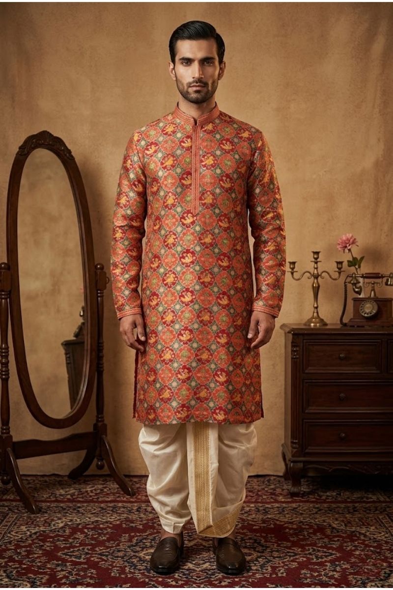 Imperial Amber Printed Kurta set with a traditional motif pattern with collar and neck lace