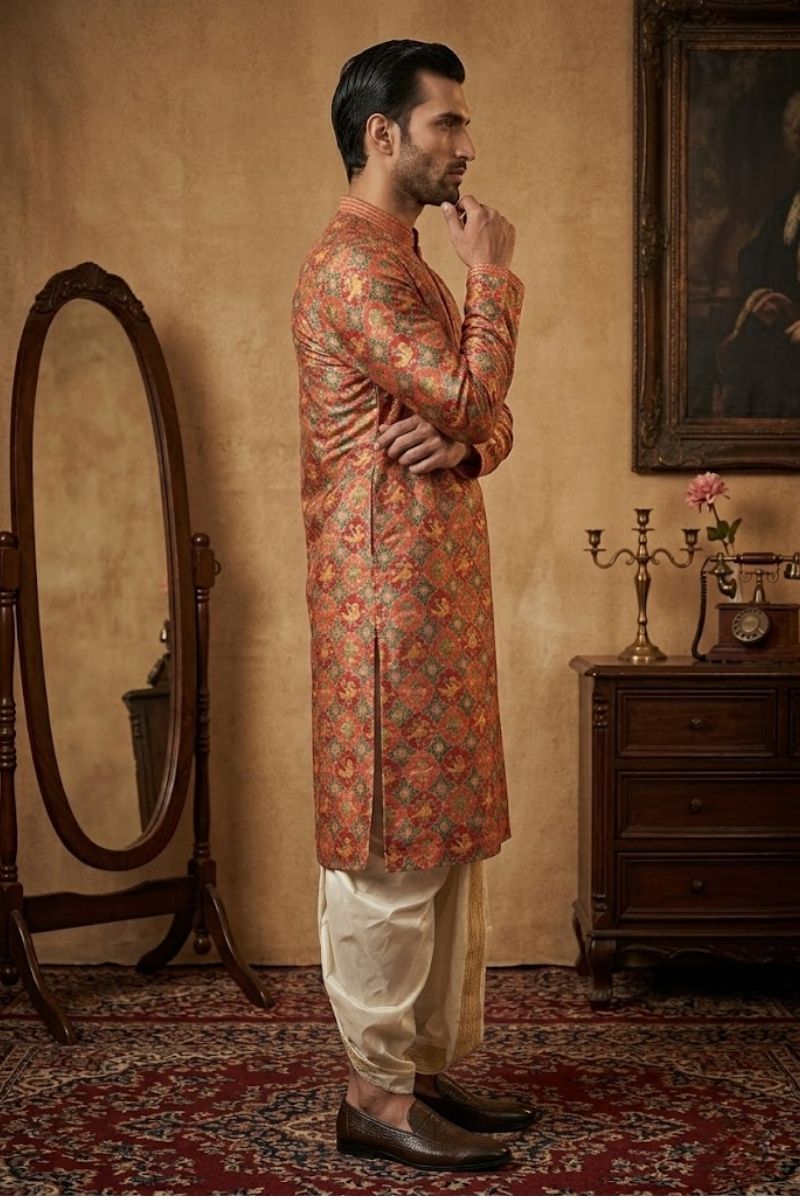 Imperial Amber Printed Kurta set with a traditional motif pattern with collar and neck lace