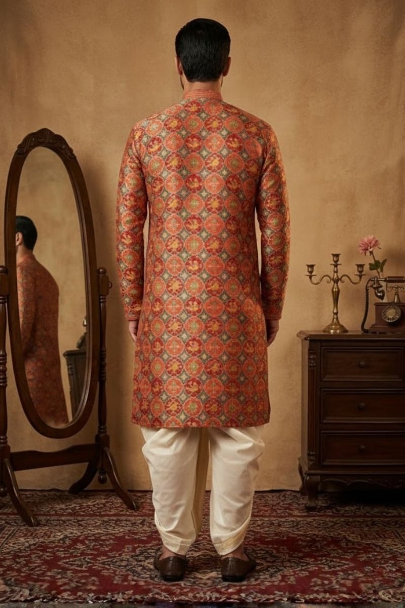 Imperial Amber Printed Kurta set with a traditional motif pattern with collar and neck lace