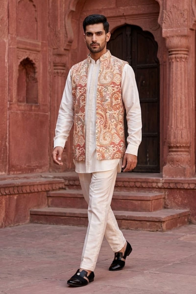Light pink coloured plain kurta set with printed colourful bundi