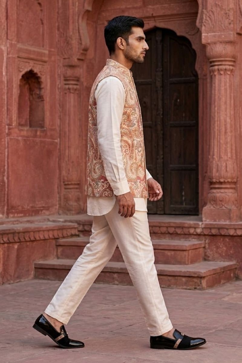 Light pink coloured plain kurta set with printed colourful bundi