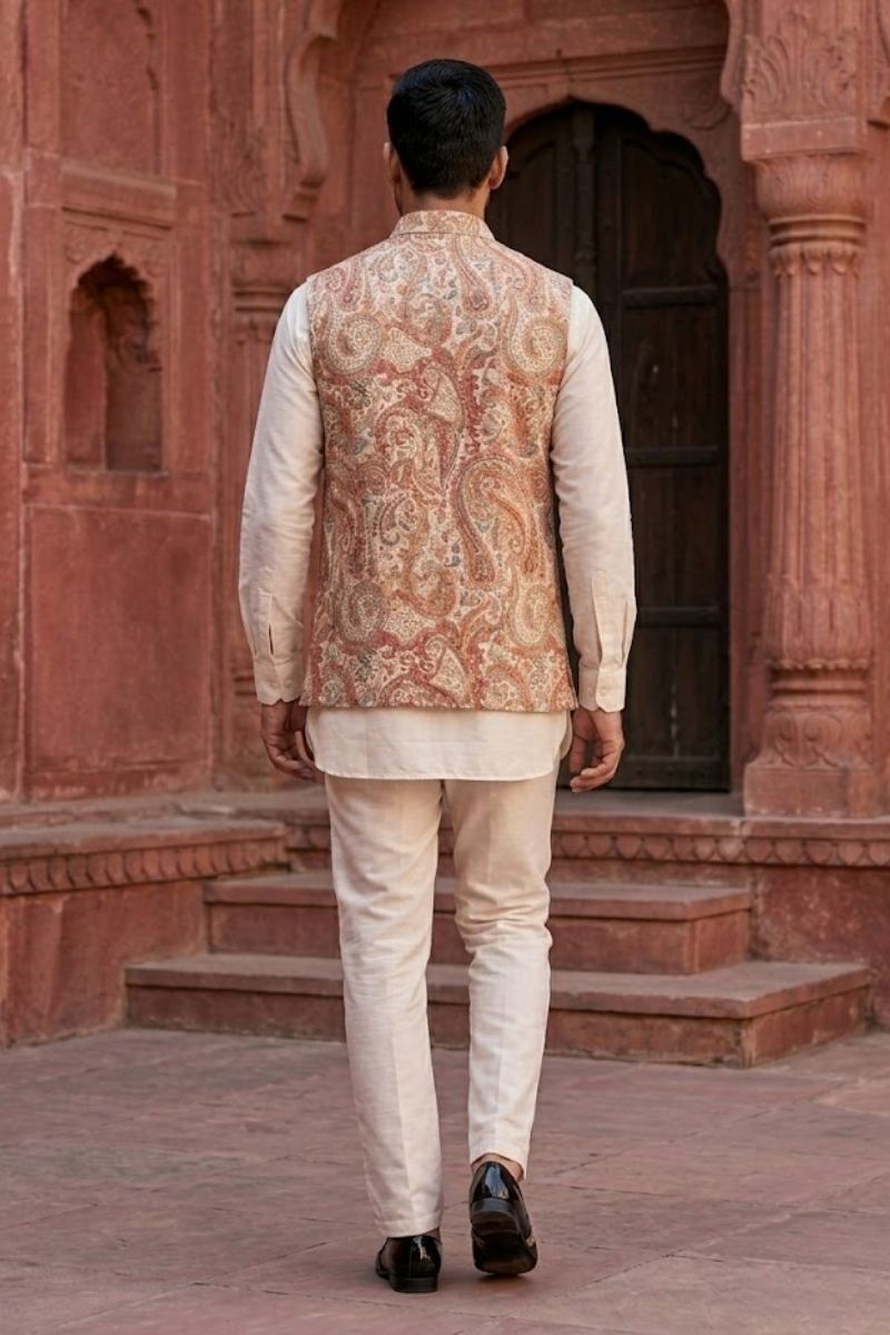 Light pink coloured plain kurta set with printed colourful bundi