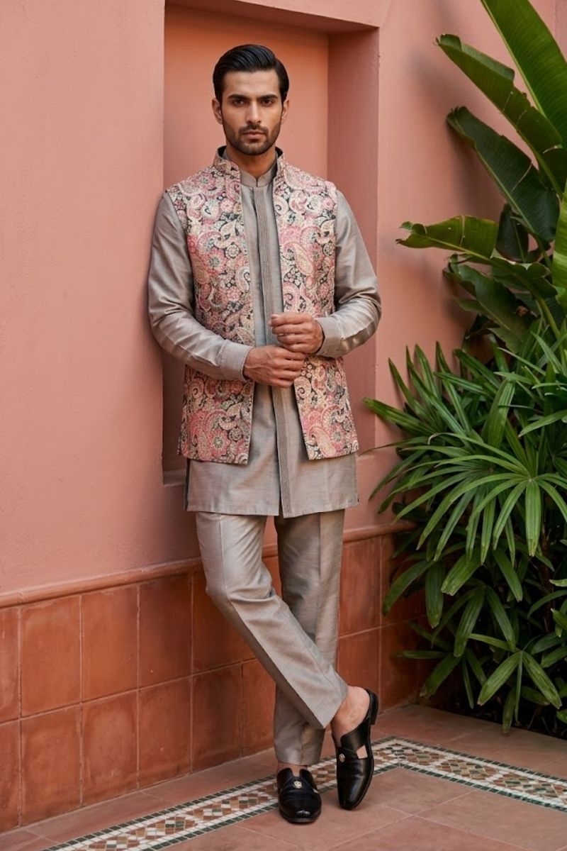Green coloured plain kurta set with printed colourful bundi