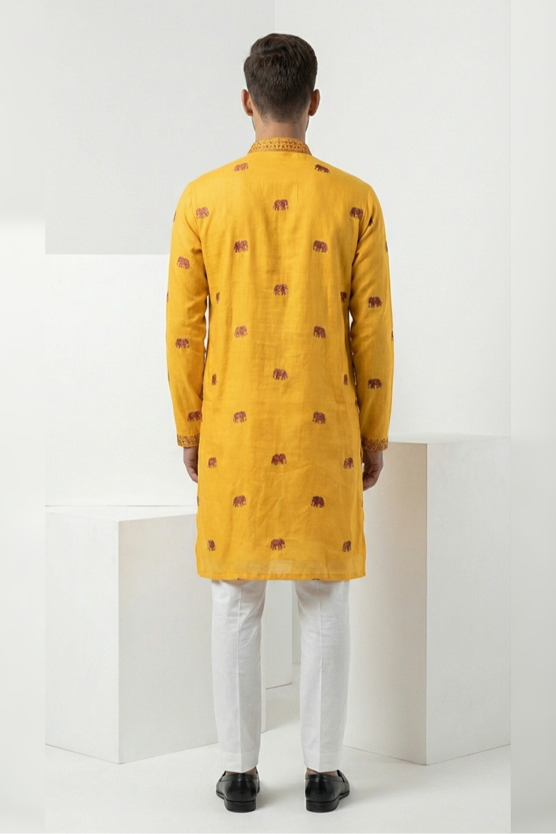 Yellow kurta top with thread work and elephant design