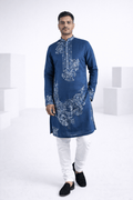 Blue colour kurta with white floral thread work