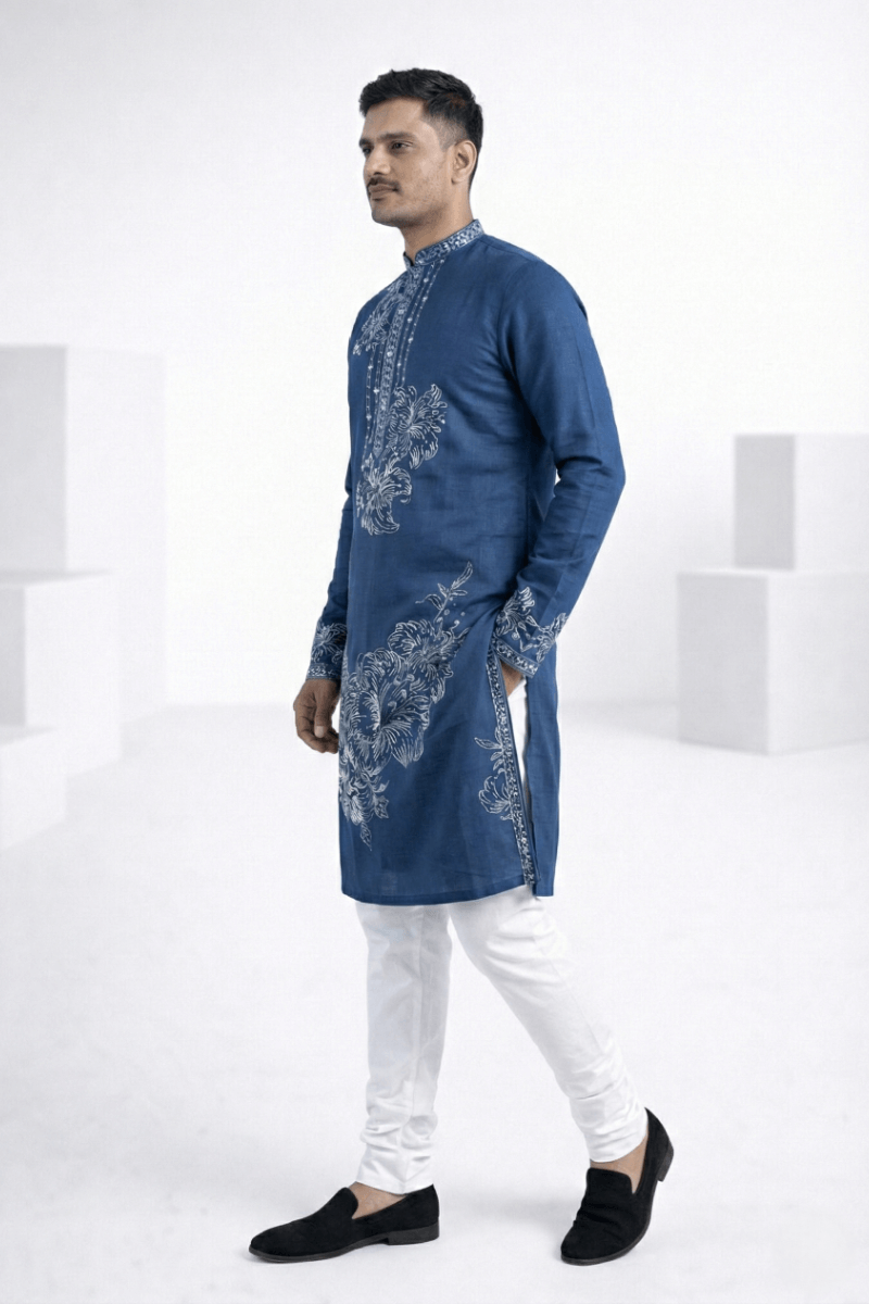 Blue colour kurta with white floral thread work