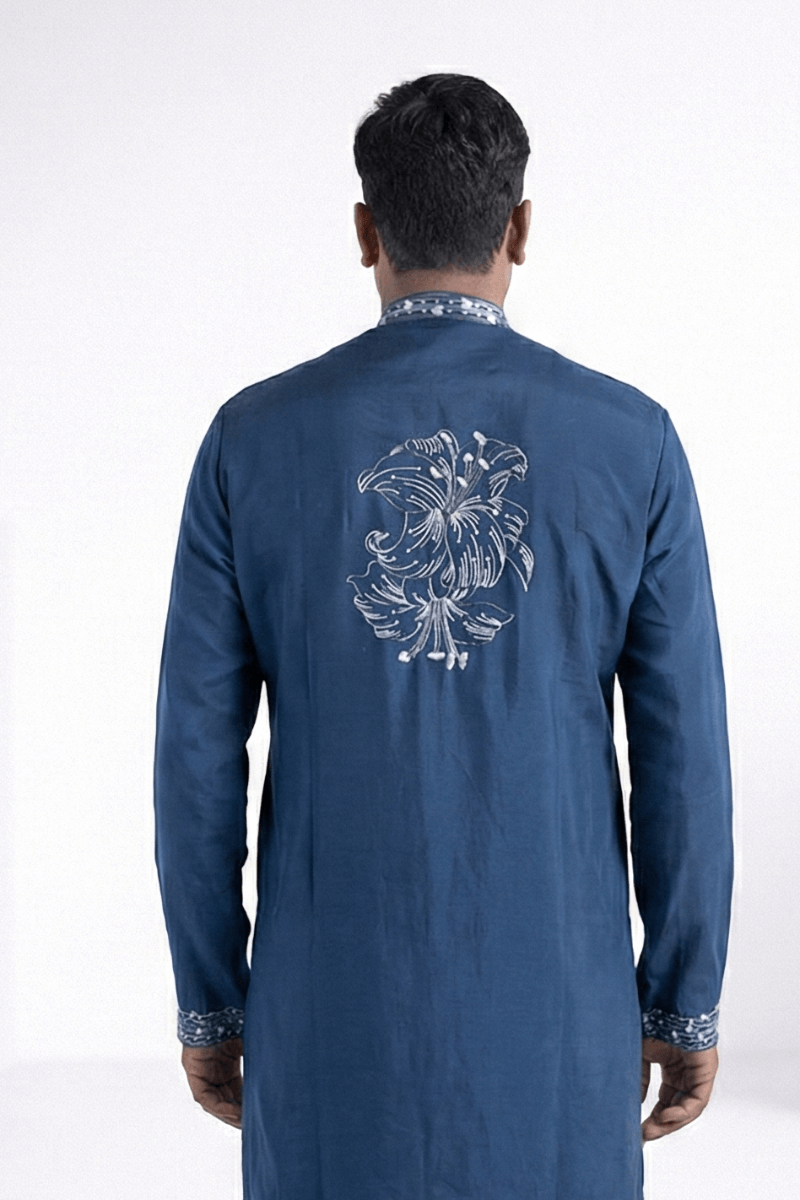 Blue colour kurta with white floral thread work